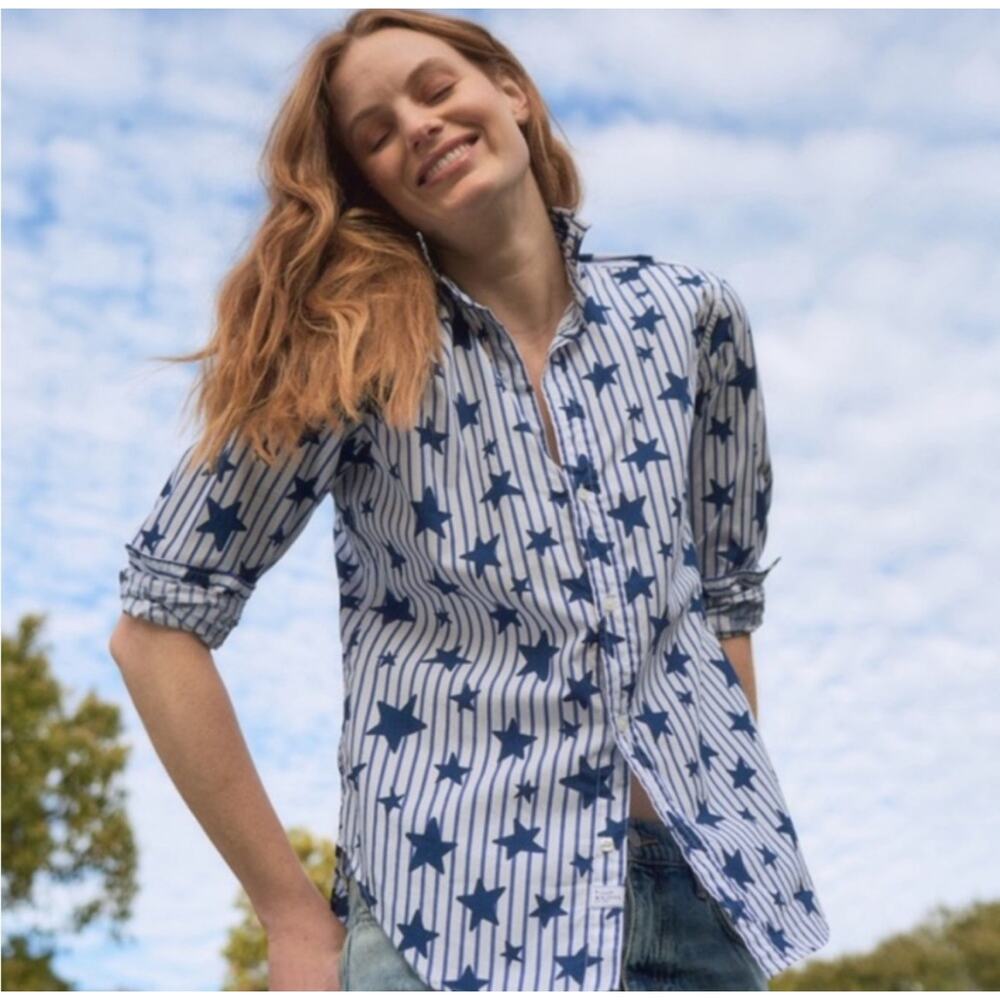 Frank & Eileen Frank Stars Stripes Superfine Poplin Button up Top Blue White XS